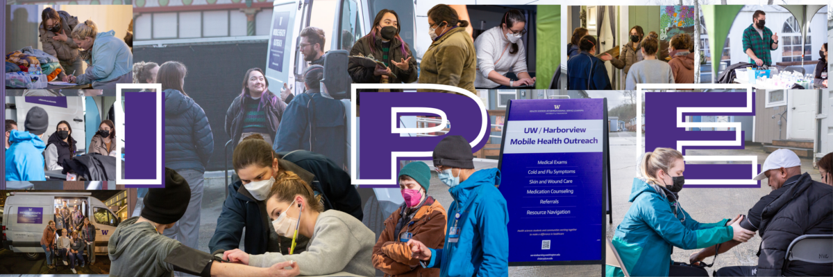 A collage of pictures of UW's Health Sciences Students with "IPE" in bold purple text across the image.