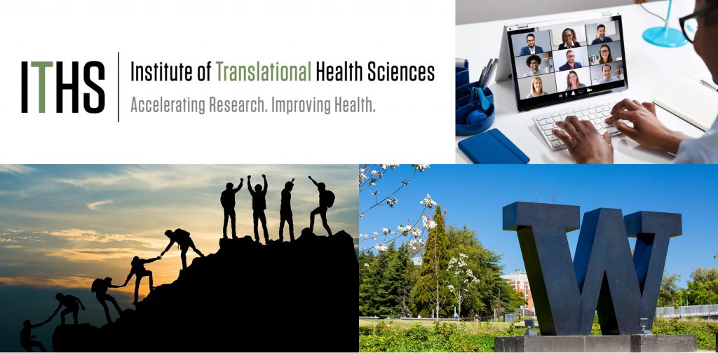 Collage consisting of the Institute of Translational Health Sciences logo, W sculpture, team web conference, and team reaching a mountain summit.