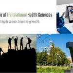 Collage consisting of the Institute of Translational Health Sciences logo, W sculpture, team web conference, and team reaching a mountain summit.