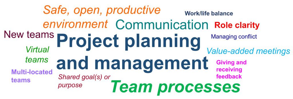  The most commonly identified team challenges, from most to least, include: Project planning and management; Team processes; Communication; Safe, open, productive environment; New teams; Role clarity; Value-added meetings; Virtual teams; Multi-located teams; Shared goal(s) or purpose; Giving and receiving feedback; Work/life balance; and Managing conflict.