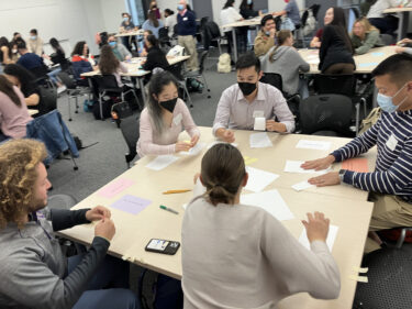 UW Health Sciences students working together in small interprofessional groups at an IPE event.